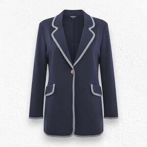 Misook Navy Blue Contrast Trim Gold Button Career Knit Blazer Jacket Size Small